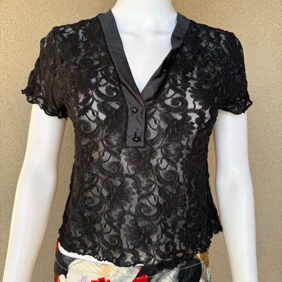 Y2K Sheer Black Lace Goth Top - Picture 3 of 6